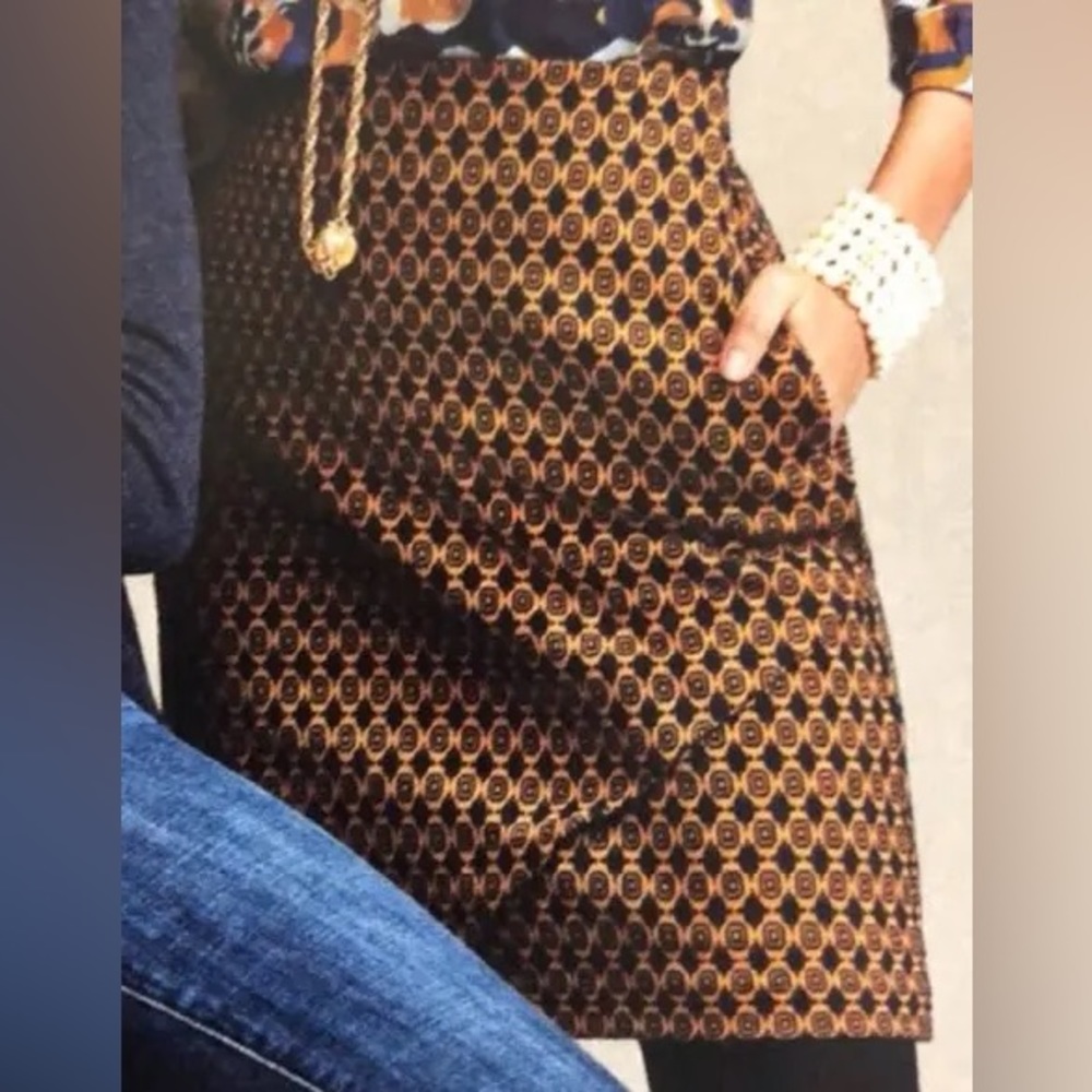 Cabi Navy and Gold Print Fitted A-Line Skirt